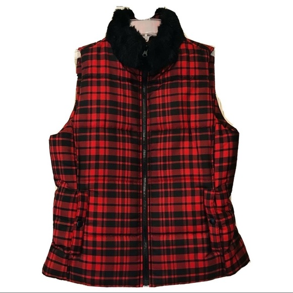 Chaps Puffy Vest Faux Fur Collar Buffalo Plaid Sip Front - Picture 1 of 7